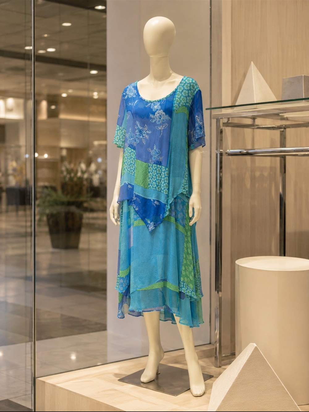 VTG 90s Phool Flowy Patchwork Blue & Green Layered Dress Art to Wear